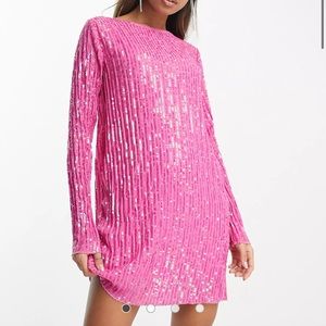 ASOS DESIGN long sleeve shift mini dress in plisse sequin in pink